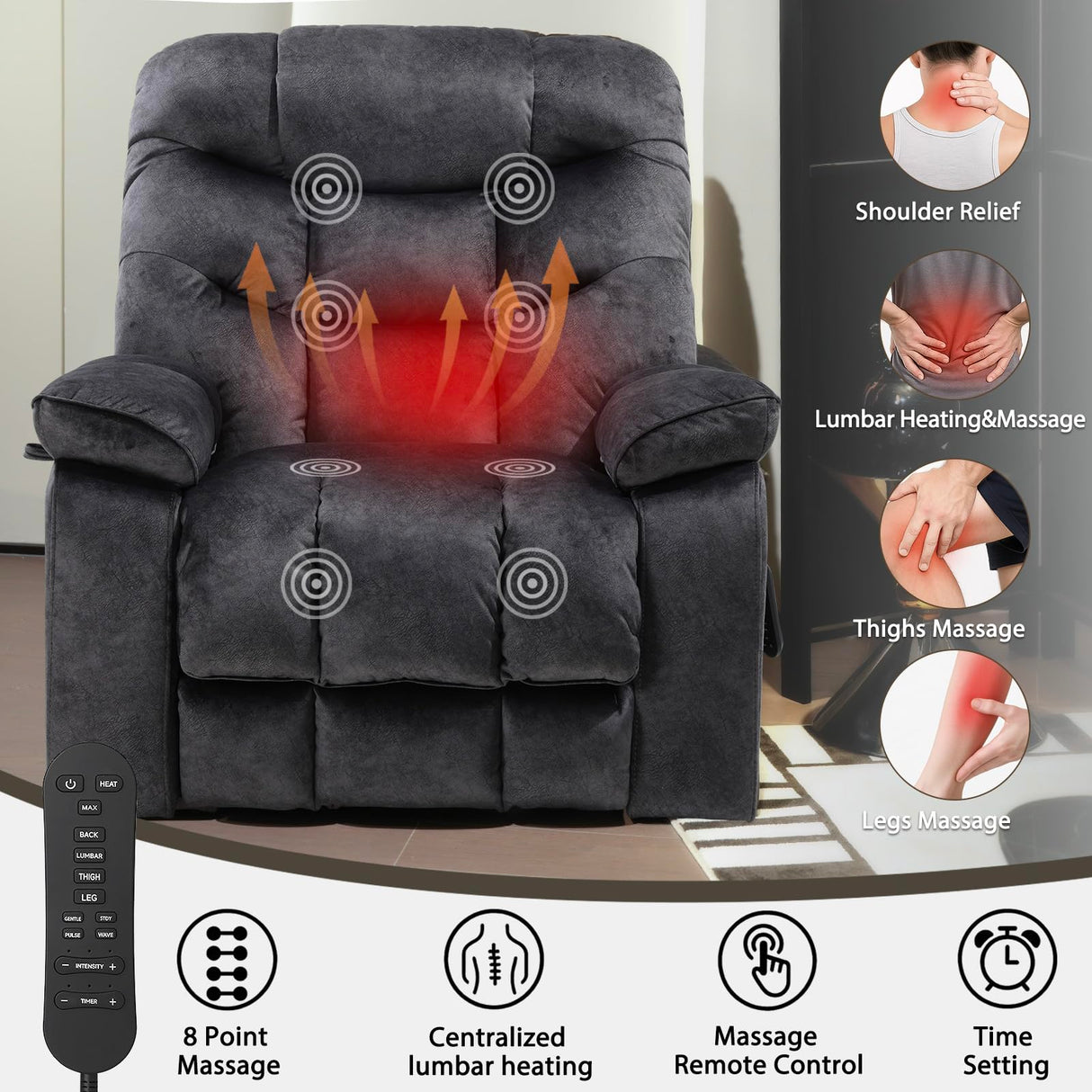 EONIX Oversized Big Man Power Lift Recliner Chair for Elderly with Heat and Massage, 400lbs Dual Motor Lay Flat Electirc Lift Chair with Extended Footrest, SLRY008063, Black EONIX