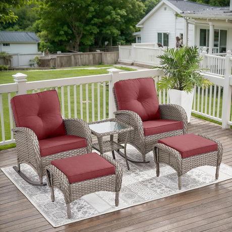 5 Piece Patio Rocking Chairs Furniture Set - Outdoor Wicker Furniture with Ottomans and Side Table, Rattan Conversation Bistro Set for Porch Balcony Backyard Belord
