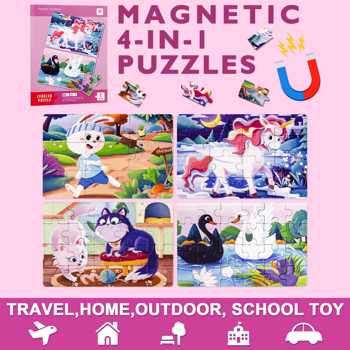 Magnetic Puzzles for Kids Ages 3-5, A4 Size Toddler Unicorn Magnet Jigsaw Puzzle Book, Kids Travel Puzzles Toys, Montessori Preschool Learning Toy for 3-8 Year Olds Boys and Girls