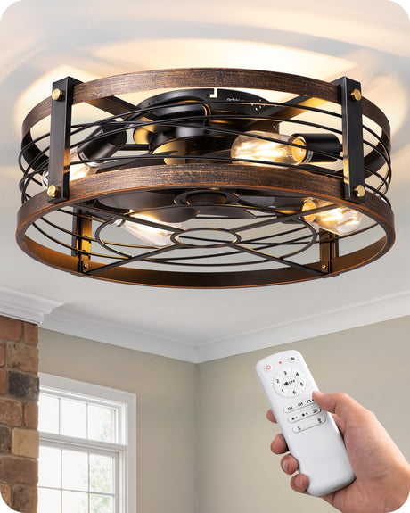 EDISHINE 21" Pre-Assembled Ceiling Fans with Lights Flush Mount, 10%-100% Dimmable, Rustic Low Profile Caged Ceiling Fan with Remote, Small Farmhouse Fan Light Ceiling for Kitchen Bedroom Brushed Gold EDISHINE