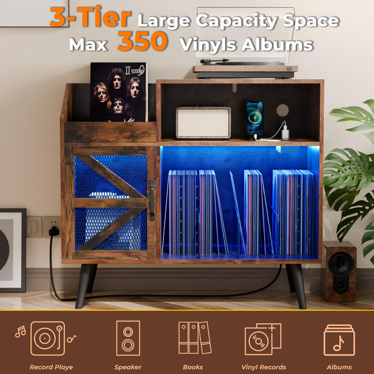 MULEJYBO Large Rustic Record Player Stand with Magnetic Door,350 Vinyl Record Storage Cabinet, Record Player Table with Power Outlet & LED Light,Turntable Stand with Wood Legs for Living Room,Office MULEJYBO