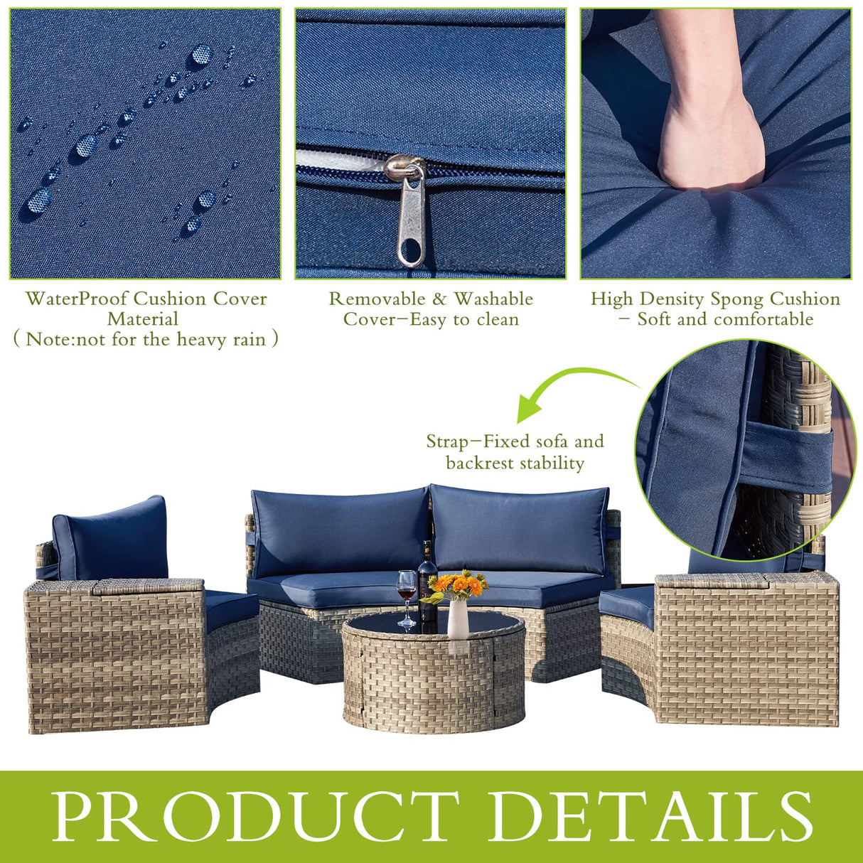 ECOTOUGE 7 Piece Outdoor Half Moon Furniture, Wicker Patio Sectional Conversation Set with 2 Storage Armrests and Glass Table, Brown Rattan Curved Sofa for Garden, Balcony and Backyard (Blue) ECOTOUGE