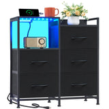 Somdot Black Nightstand with Charging Station and LED Light, Wide 5 Drawers Dresser for Bedroom with Fabric Bins and Open Shelf for Bedroom Kids Closet Dorm Guest Room, Black Somdot