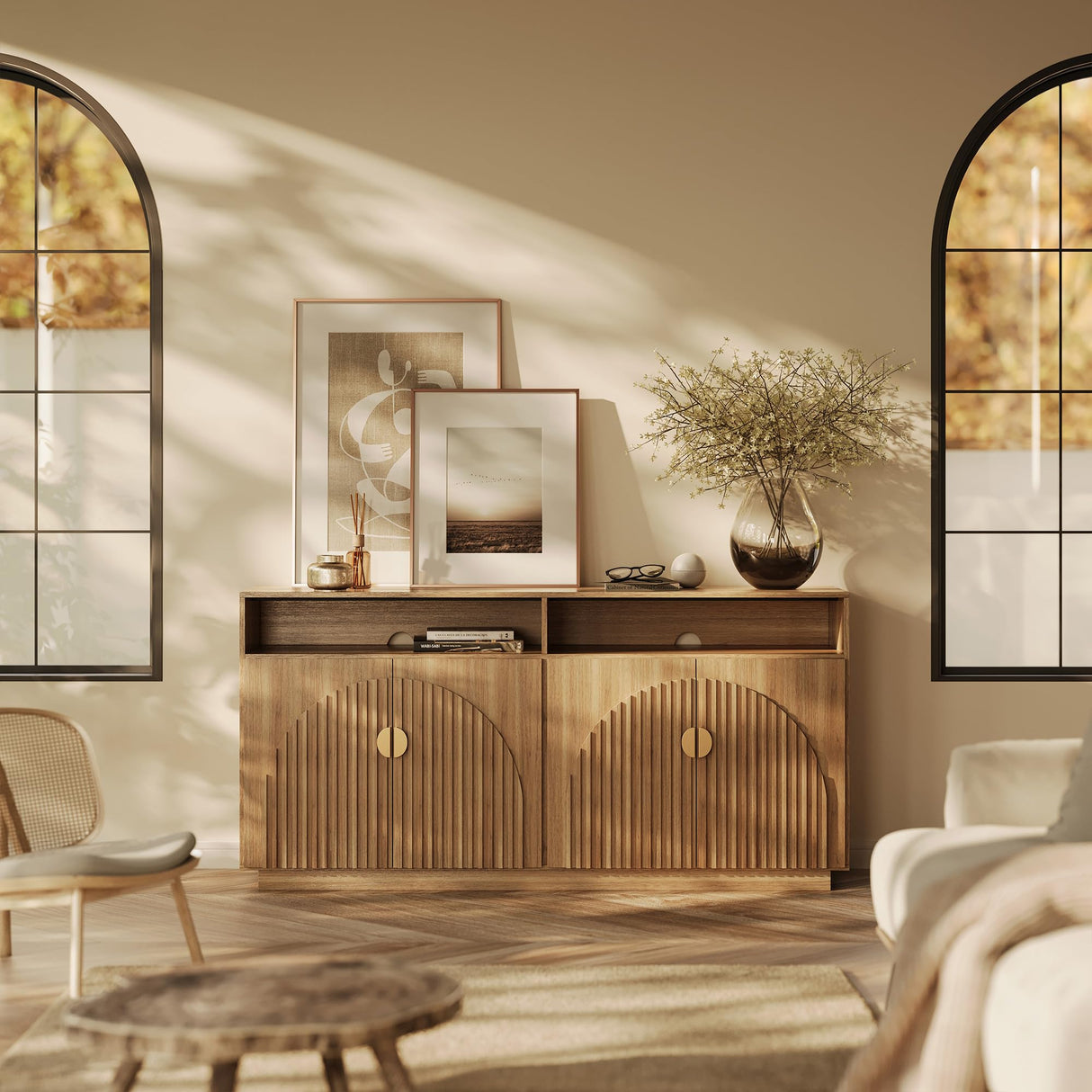 BELLEZE 65 Inch Fluted TV Stand, Mid Century Modern Entertainment Center with Storage Cabinets & Open Shelves, Media Console TV Cabinet with Adjustable Shelves for Living Room, Caramel Brown BELLEZE