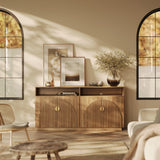 BELLEZE 65 Inch Fluted TV Stand, Mid Century Modern Entertainment Center with Storage Cabinets & Open Shelves, Media Console TV Cabinet with Adjustable Shelves for Living Room, Caramel Brown BELLEZE