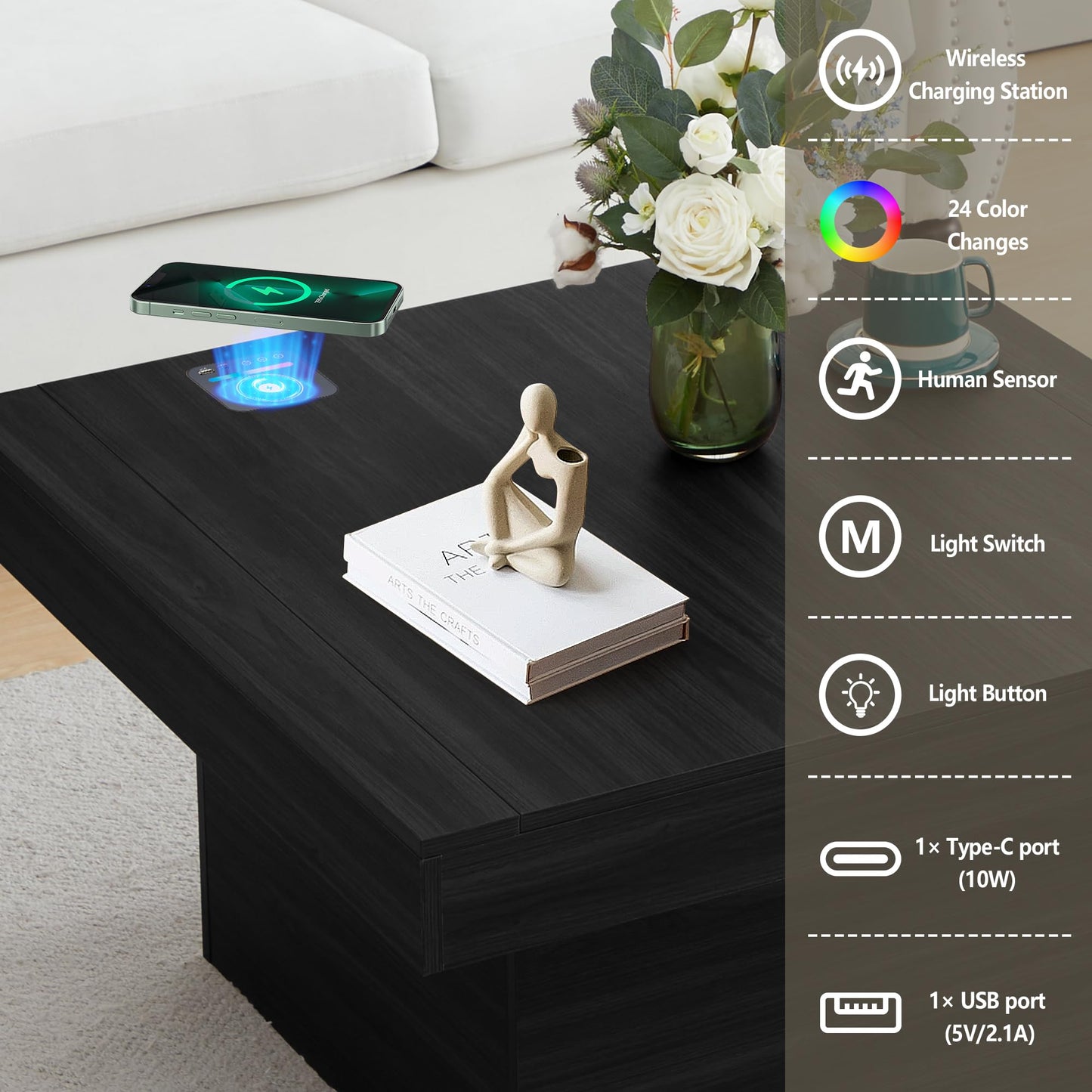 NVETHM Coffee Table, Square Coffee Table with LED Light Strip and Charging Station, Wooden Coffee Table for Living Room, Reception Room and Office (Black) - WoodArtSupply