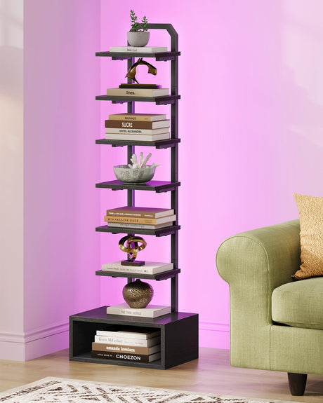 CHOEZON 8-Tier Bookshelf, LED Bookcase with Semi-Open Bottom, Small Space Standing Shelf with Lights, Corner Storage Stand, for Living Room, Home Office, Bedroom, Black TSJ08DBB CHOEZON