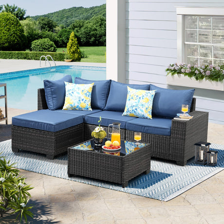 TerraRelax Patio Furniture Set 5 Pieces All Weather Patio Conversation Sets Wicker PE Rattan Outdoor Sectional Couch Sofa with Cushion Ottoman Table for Poolside Peacock, Garden, Backyard Navy TerraRelax