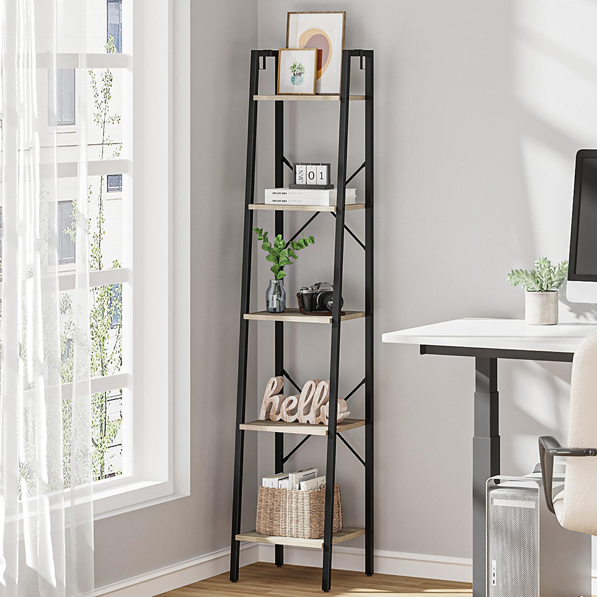 Hzuaneri Ladder Shelf, Bookshelf Bookcase, Freestanding Corner Storage Shelve with 2 Hooks for Home Office, Living Room, Kitchen, Bedroom, Industrial, 5-Tier Greige BC03205B Hzuaneri