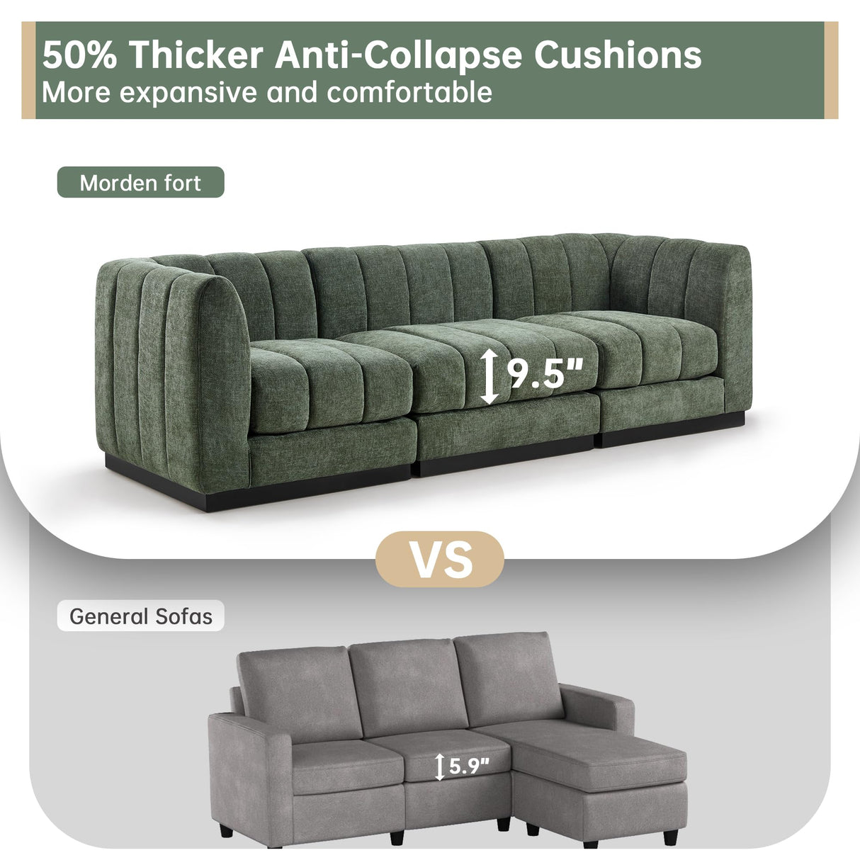 Morden Fort 96'' Luxury Modern Sofa, 3 Seater Modular Sectional Couch, Deep Seat Sofas, Minimalist Style Comfy Couches for Living Room Apartment, DIY Combination, Chenille, Green Morden Fort