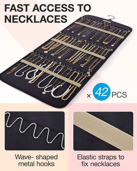 BAGSMART Hanging Jewelry Organizer Storage Roll with Hanger Metal Hooks Double-Sided Jewelry Holder for Earrings, Necklaces, Rings on Closet, Wall, Door, 1 piece, Large, Black BAGSMART