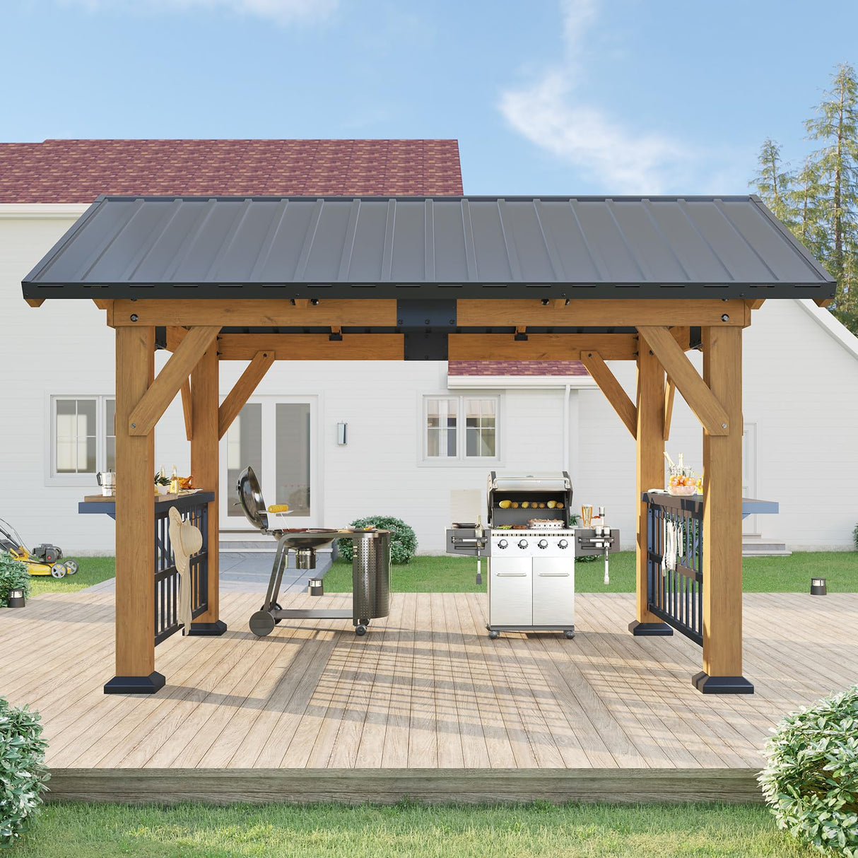 AMERLIFE Solid Wood Gazebo, Hardtop Gazebo with Metal Steel Gable Roof with Guest House for Garden, Porch, Patio, Black + Natural Wood (9 x10FT) AMERLIFE