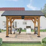 AMERLIFE Solid Wood Gazebo, Hardtop Gazebo with Metal Steel Gable Roof with Guest House for Garden, Porch, Patio, Black + Natural Wood (9 x10FT) AMERLIFE