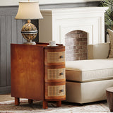 Tribesigns 3-Drawer Rattan End Table, Solid Wood Sofa Side Table with Vintage Embossed Handles, Slim Nightstand for Living Room, Bedroom, Finished Back, No Assembly (Walnut & Oak, 1 PC) Tribesigns