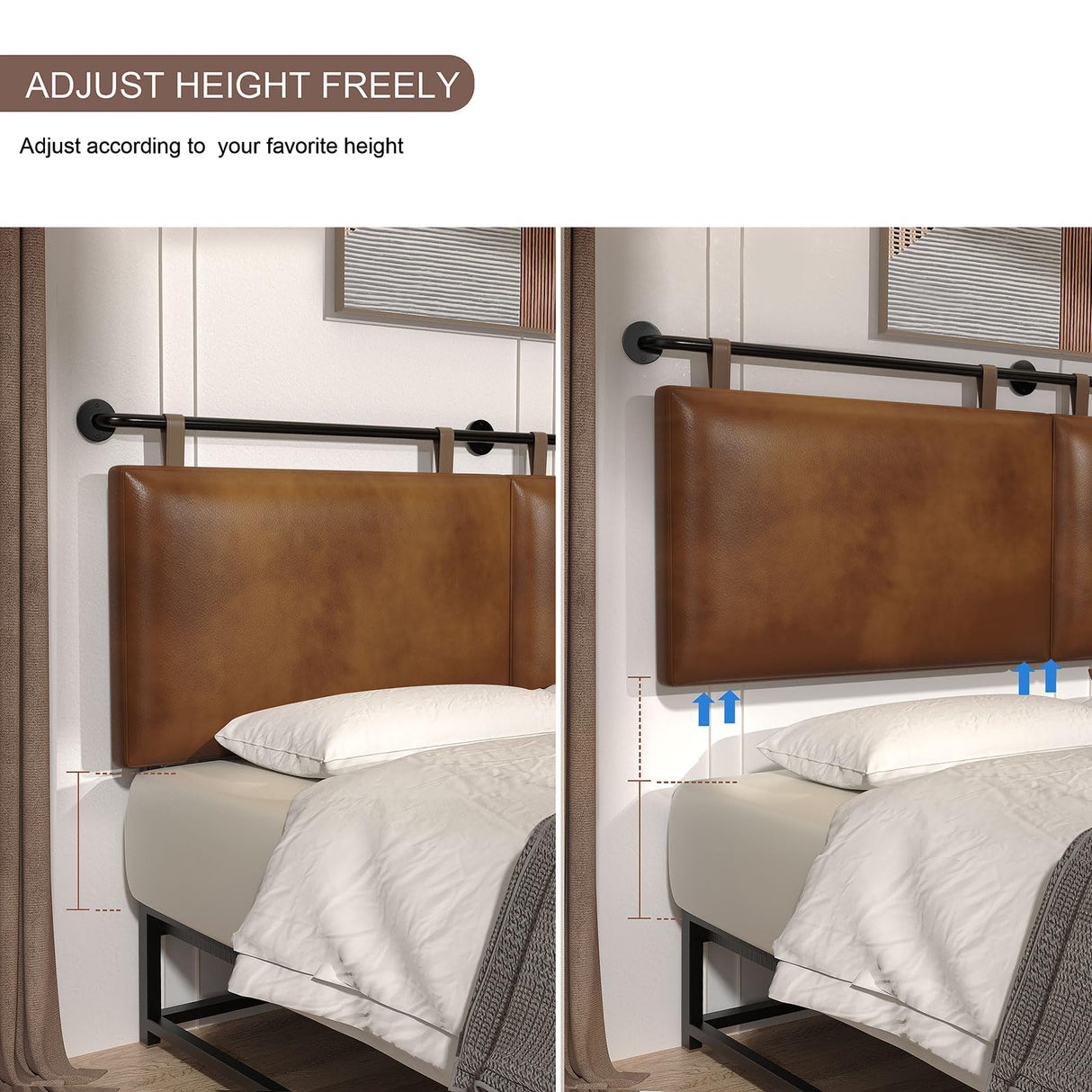 BSHOMGI Queen Headboard, Hanging Headboards with Brown Faux Leather Industrial Pipe Modern Style Multifunction Queen Headboard Only for Bed Backboard (Brown, Queen) BSHOMGI