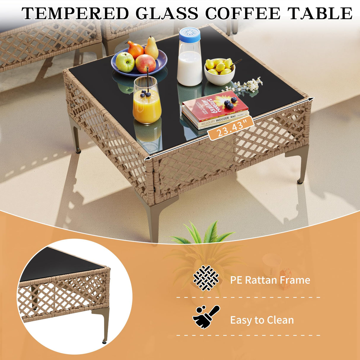 FHFO 7 Piece Outdoor Wicker Patio Furniture Set, Rattan Sectional Sofa Couch, Patio Conversation Set with Cushion & Coffee Table, for Backyard Poolside Porch Garden, Yellow/Blue FHFO