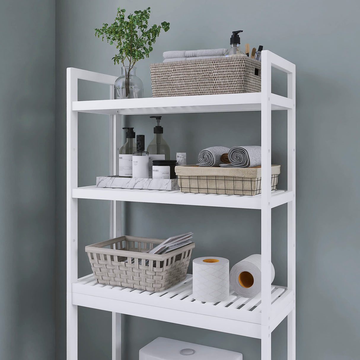 SMIBUY Bathroom Storage Shelf, Bamboo Over-The-Toilet Organizer Rack, Freestanding Toilet Space Saver with 3-Tier Adjustable Shelves (White) SMIBUY