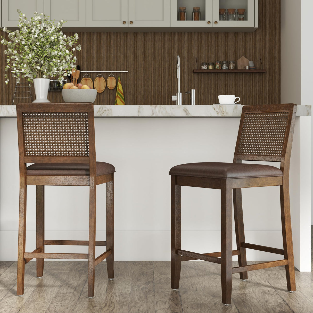 Janoray 26" Counter Height Bar Stools Set of 2, Rattan Woven Barstool with PU Leather Upholstered Seat and Solid Wood Frame Farmhouse Dining Chairs for Kitchen/Island Pub/Bistros/Restaurant Janoray