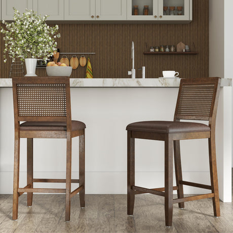 Janoray 26" Counter Height Bar Stools Set of 2, Rattan Woven Barstool with PU Leather Upholstered Seat and Solid Wood Frame Farmhouse Dining Chairs for Kitchen/Island Pub/Bistros/Restaurant Janoray