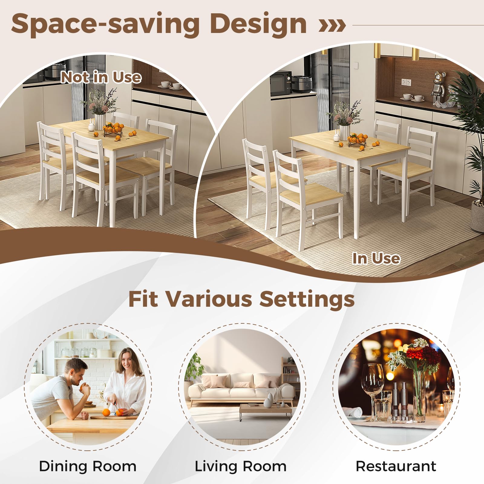 COSTWAY Dining Table Set for 4, Wood Kitchen Table Chairs Set with Rubber Wood Legs, Space-Saving Design, Modern 5-Piece Dinette Set for Small Place, Kitchen, Dining Room, Restaurant (Natural - WoodArtSupply