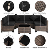 KIGOTY 7 Pieces Modular Outdoor Sectional Sofa, Wicker Patio Conversation Set, All-Weather PE Rattan Sectional Sofa with Cushions and Glass Coffee Table (Black Cushions, Brown Rattan) KIGOTY