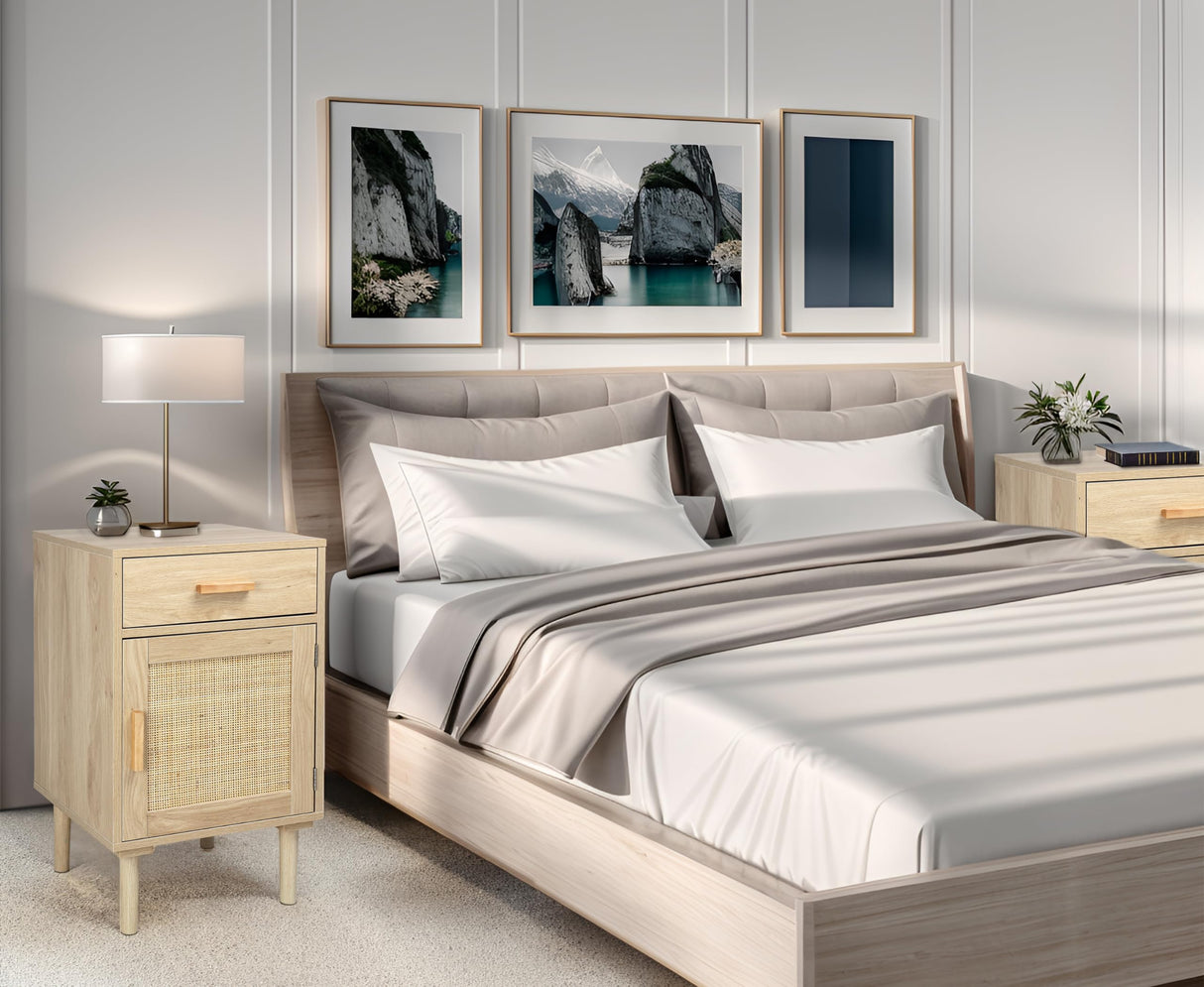 Finnhomy Tall Nightstands Set of 2, Night Stand, Bedside Table Set of 2 with Drawer and Shelf, Hand Made Rattan Decorated Doors, Nightstands with Storage for Bedroom, Natural, 2 Pack Finnhomy