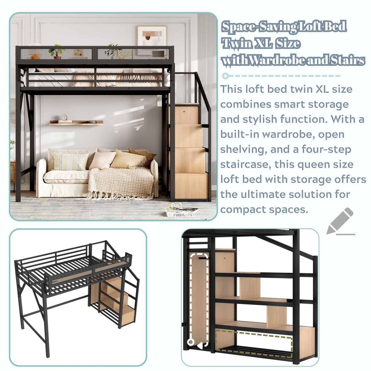 Twin XL Loft Beds with Storage Beside Shelves and Wardrobe, Metal Loft Bed Twin with LED Lights and USB Ports, Heavy-Duty Loft Bed Frame for Teens, Adults, Noise-Free & Space-Saving, Black Bellemave