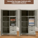 Naomi Home Grey Oak Storage Cabinet with 2 Barn Doors, 2 Drawers & Adjustable Shelves – Modern Wardrobe Closet Armoire for Bedroom, Entryway & Utility Room Naomi Home