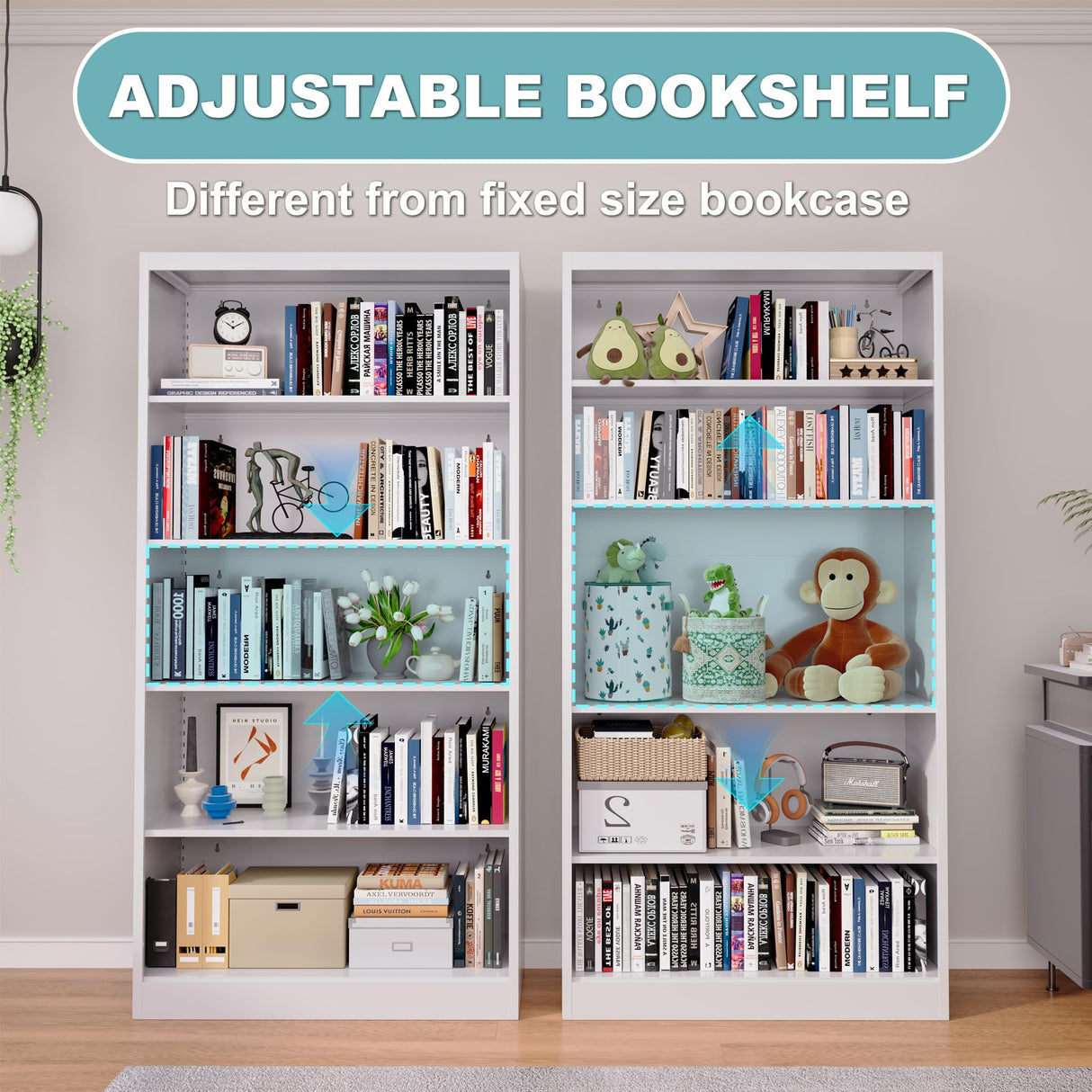 Bookcase, 5 Tier Metal Bookshelves, 66" Tall Free Standing with Adjustable Storage Shelves, Large Bearing Bookcase for Bedroom Living Room Home Office,White Bookshelf METALREAD