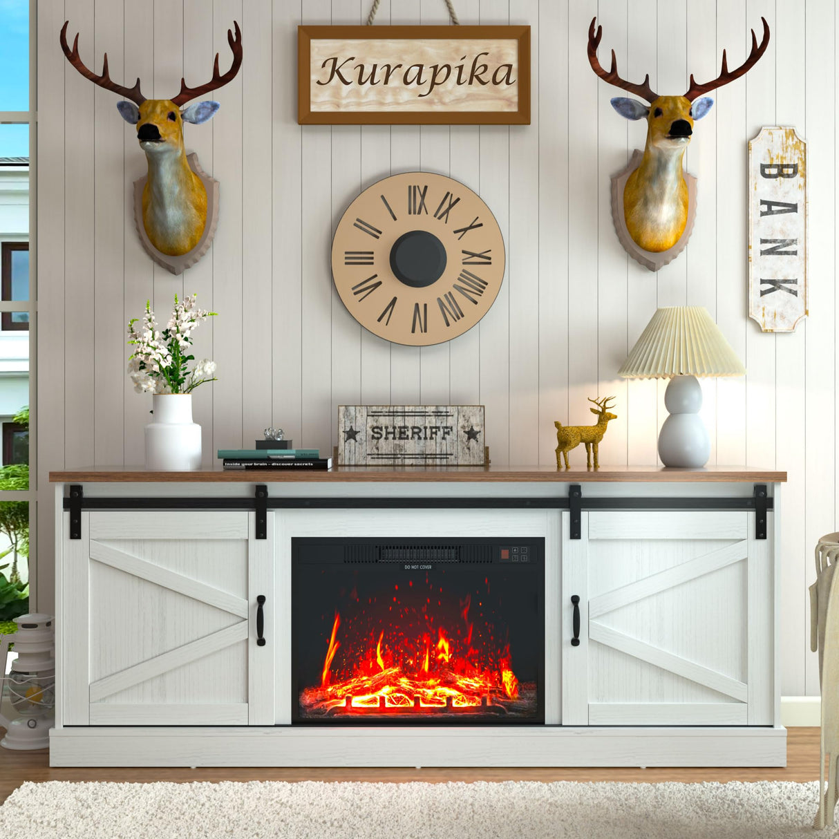 Kurapika Fireplace TV Stand for up to 75" TV, Farmhouse Entertainment Center with 24" Fireplace, 67" Media Console Cabinets for Living Room w/Storage Shelves, Remote Control, White Kurapika