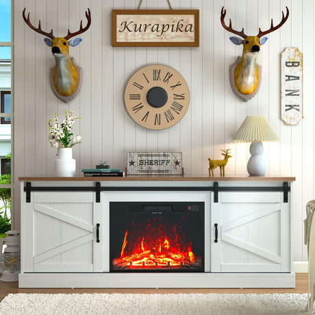 Kurapika Fireplace TV Stand for up to 75" TV, Farmhouse Entertainment Center with 24" Fireplace, 67" Media Console Cabinets for Living Room w/Storage Shelves, Remote Control, White Kurapika
