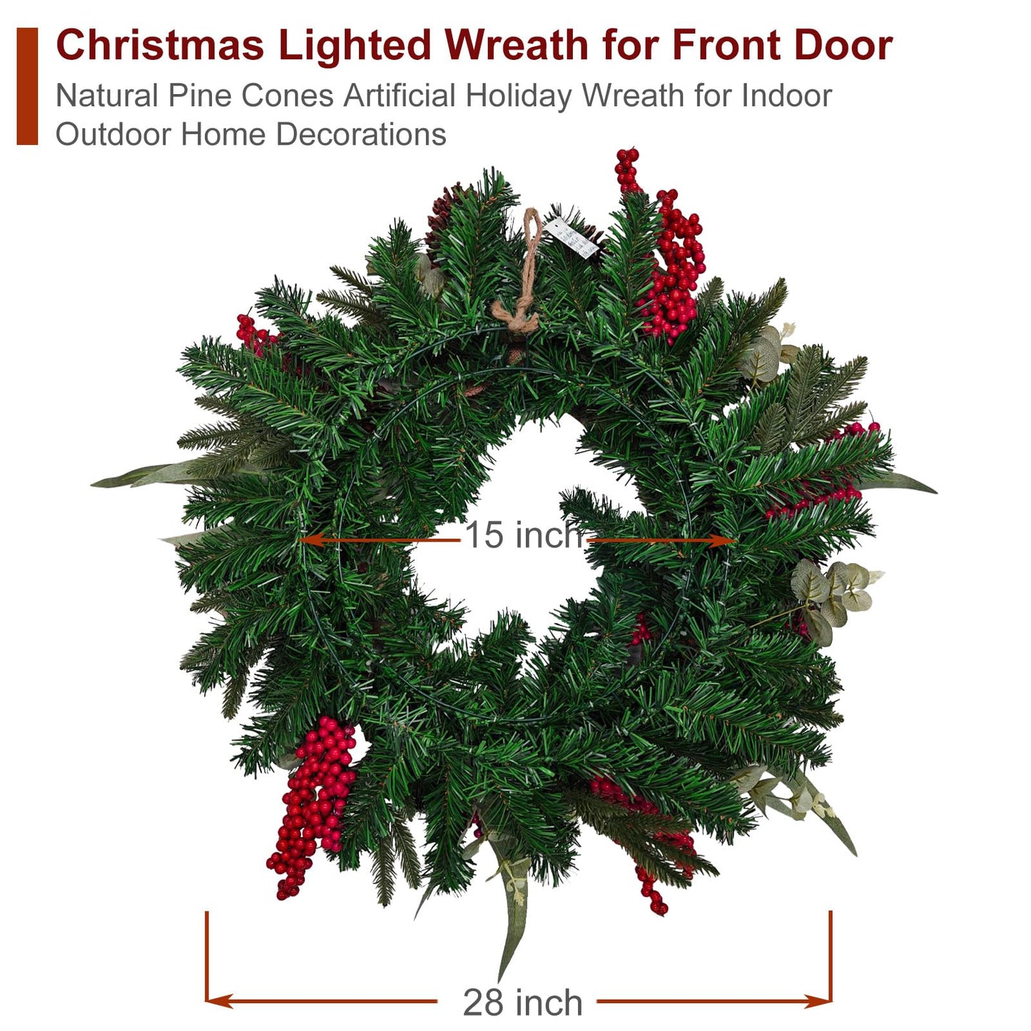 Christmas Lighted Wreath for Front Door, 28 Inches Pre-Lit 35 LED Lights, Natural Pine Cones Artificial Holiday Wreath for Indoor Outdoor Home Decorations