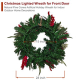 Christmas Lighted Wreath for Front Door, 28 Inches Pre-Lit 35 LED Lights, Natural Pine Cones Artificial Holiday Wreath for Indoor Outdoor Home Decorations BAYN