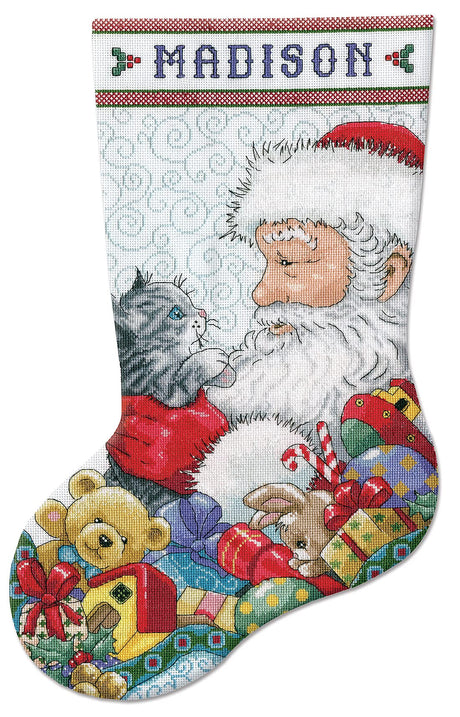 Santa with Kitten Counted Cross Stitch Stocking Kit Tobin