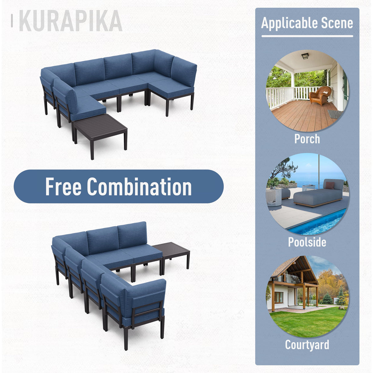 Kurapika 7 Pieces Metal Patio Furniture Set Modern Metal Outdoor Conversation Sets, Patio Sectional Sofa w/5 Inch Cushion and Coffee Table, Navy Blue Kurapika