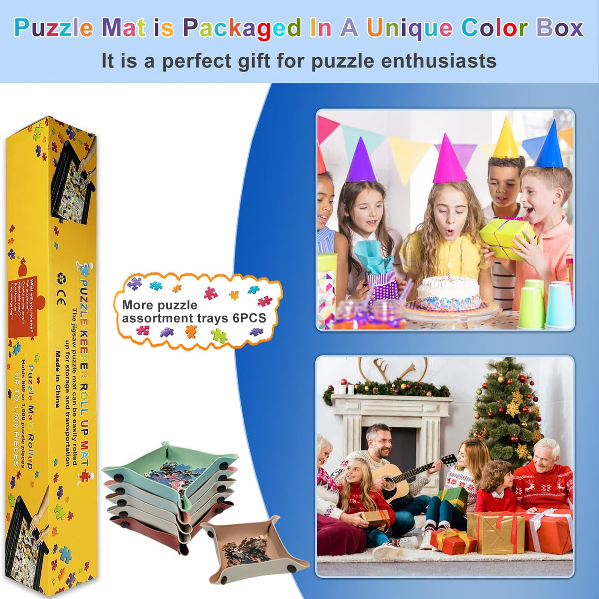 GOECI Puzzle Board 1500 Pieces, Rubber Puzzle Mat, Puzzle Mats for Jigsaw Puzzles 1000, Puzzles Board Roll Up to 1500pcs with 6 Sorting Trays Jigsaw Puzzles Mat Roll Up Jigsawn Pad Saver Keeper GOECI