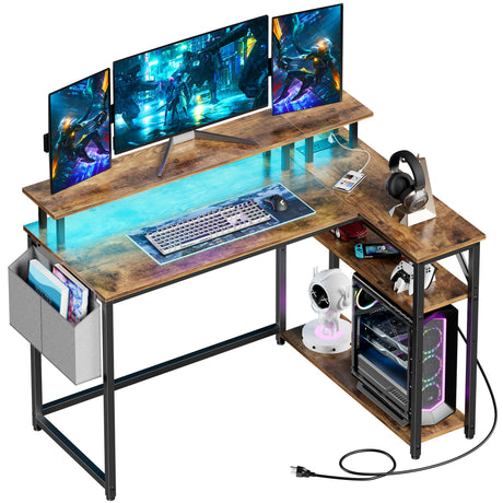 Mr IRONSTONE L Shaped Desk with Power Outlets & LED Lights, Computer Desk with Long Monitor Stand, 47 Inch Office Desk, Corner Desk for Small Space, Home Office Desk, Rustic Brown Mr IRONSTONE