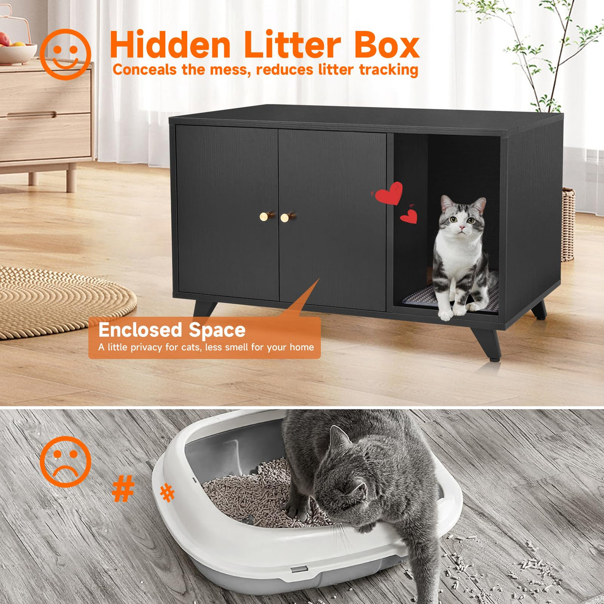 QuicMiou Cat Litter Box Enclosure, Hidden Litter Box Furniture Washroom Storage Cabinet, Modern Cat House with Scratche Pad (Black) QuicMiou