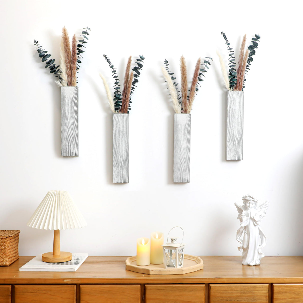 Wood Wall Planter 4 Pack Wall Decor for Artificial Flower Plants Wooden Plants Holders Wall Plant Pocket Vase Hanging for Living Room Bedroom Dining Room Bathroom Indoor Decroation (Light Grey) Rmeosye