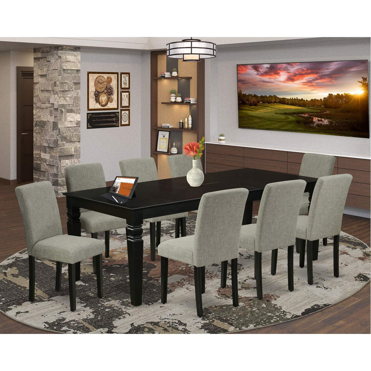 East West Furniture LGAB9-BLK-06 9 Piece Dining Room Furniture Set Includes a Rectangle Wooden Table with Butterfly Leaf and 8 Shitake Linen Fabric Parson Chairs, 42x84 Inch, Black East West Furniture