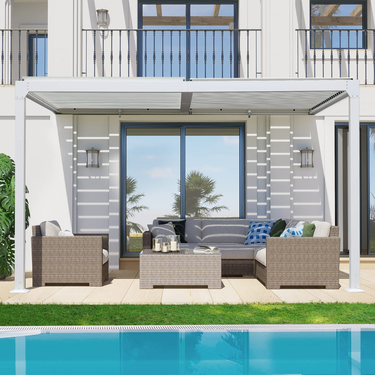 BPS 13 x 10 ft. Outdoor Aluminum Wall Mounted Louvered Pergola Waterproof Gazebo Sun Shade Shelter with 2 Adjustable Rainproof Panels for Patio, Garden, Backyard Lawn & Garden - White BPS