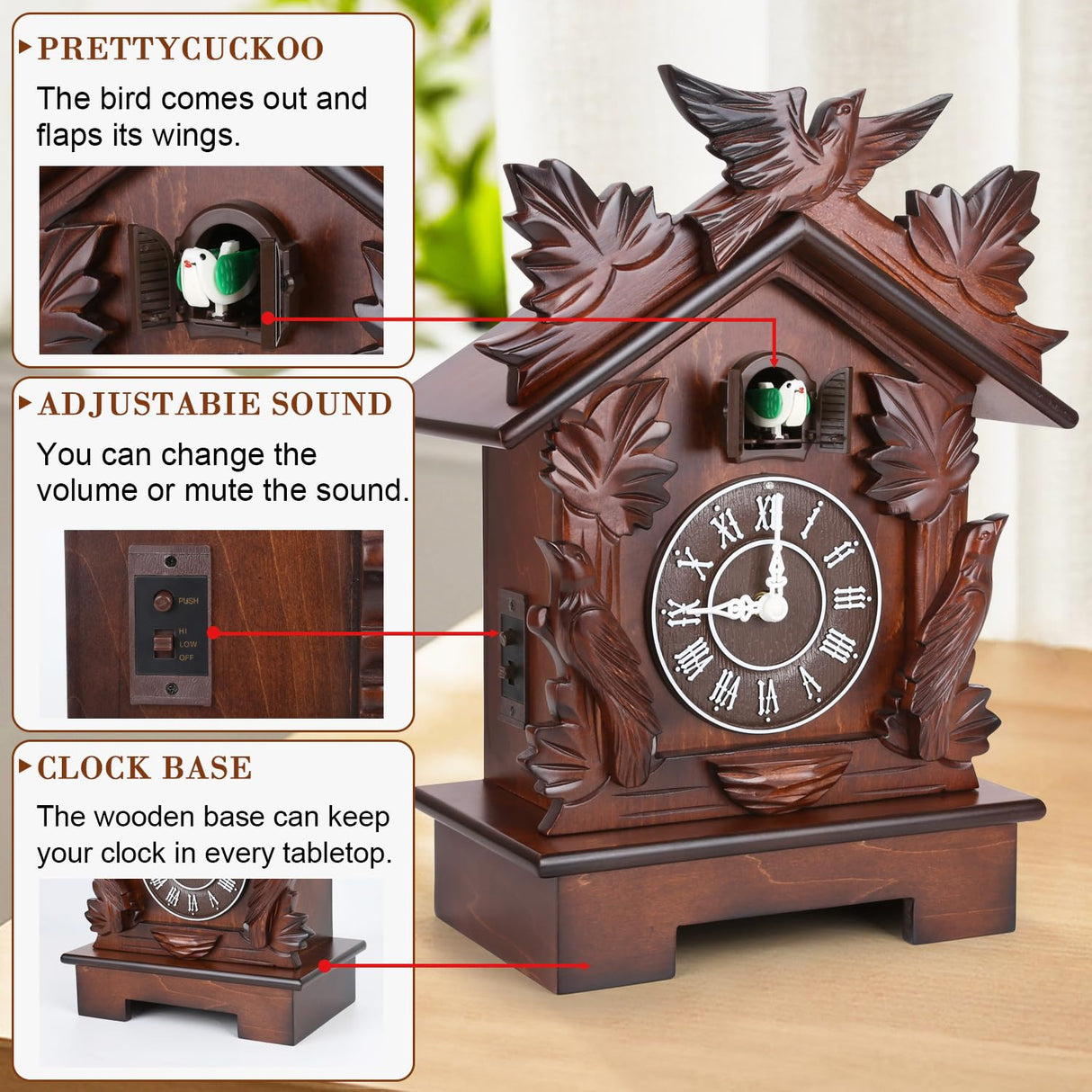 Kendal Large Tabletop Handcrafted Wood Cuckoo Clock House Home Decor with Singing Bird & Black Forest Bird Decoration MX23-2 Kendal