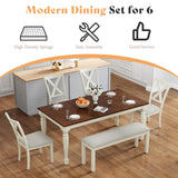 AMERLIFE 6-Piece Farmhouse Dining Table Set with 4 Upholstered Chairs and Bench, 71” Solid Wood Table, Seating for 6, for Dining Room or Kitchen, Rustic White & Walnut Finish AMERLIFE