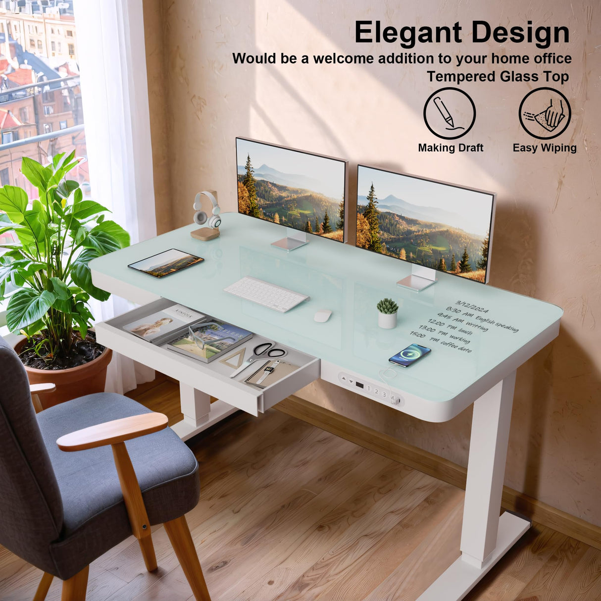 Furmax Glass Standing Desk with Drawer 48 x 24 Inch Adjustable Height Stand up Desk One-Piece Board Pre-Assembled Home Office Computer Desk with USB Ports, Glass Top Furmax