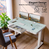 Furmax Glass Standing Desk with Drawer 48 x 24 Inch Adjustable Height Stand up Desk One-Piece Board Pre-Assembled Home Office Computer Desk with USB Ports, Glass Top Furmax