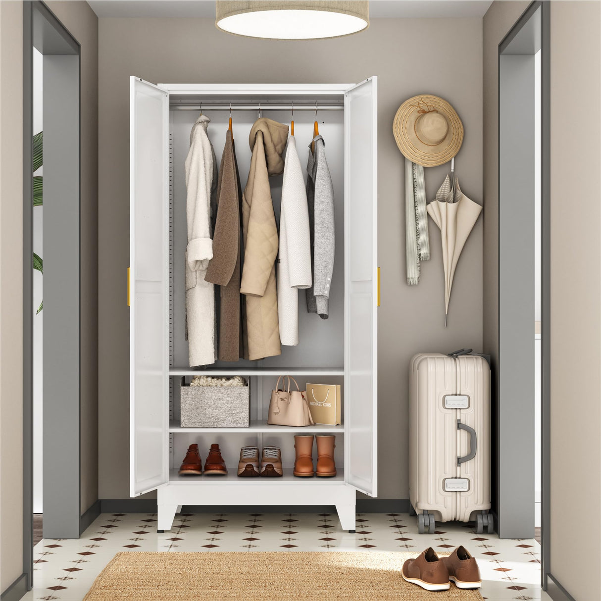 Metal Wardrobe Closet with Doors and Shelves, 71" Farmhouse Bedroom Armoire with Hanger Rod and Clothing Shelf, White Steel Wardrobe Cabinet Storage Clothes Closet Bevivog