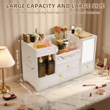 Wtufaelk Wooden Makeup Organizer for Vanity - Large White Countertop Organizer with Mirror, 3 Drawers & Brush Holder | Cosmetic & Skincare Storage Desk Organizer for Dorm, Bathroom Wtufaelk