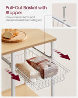 VASAGLE Baker's Rack, Microwave Stand, Kitchen Storage Rack with Wire Basket, 6 Hooks, and Shelves, for Spices, Pots, and Pans, Golden Oak and Cloud White UKKS035W09 VASAGLE