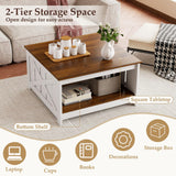 Giantex Farmhouse Coffee Table, 31 Inch Square Wood Coffee Table with Storage Shelf, 2-Tier Vintage Center Table with Open Compartment, Rustic Living Room Table for Home Office, White & Brown Giantex
