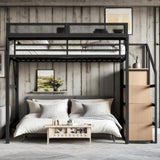 Bellemave Loft Bed Full Size with Storage Stairs, Beside Shelf & Wardrobe, Metal Full Size Loft Bed with USB Ports & LED Light, Large Under-Bed Space Loft Beds for Adults, Teens, Kids, Black Natural Bellemave